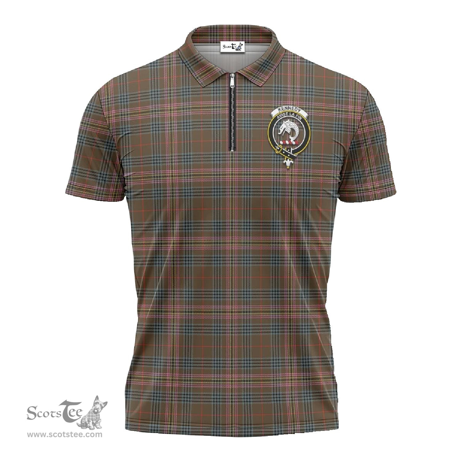 ScotsTee Shop Scottish Kennedy Weathered Clan Crest Tartan Zipper Polo Shirt