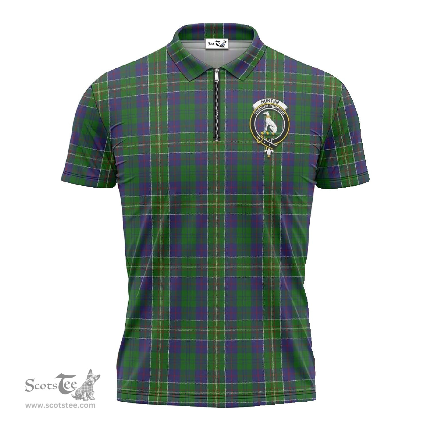 ScotsTee Shop Scottish Hunter of Hunterston Clan Crest Tartan Zipper Polo Shirt