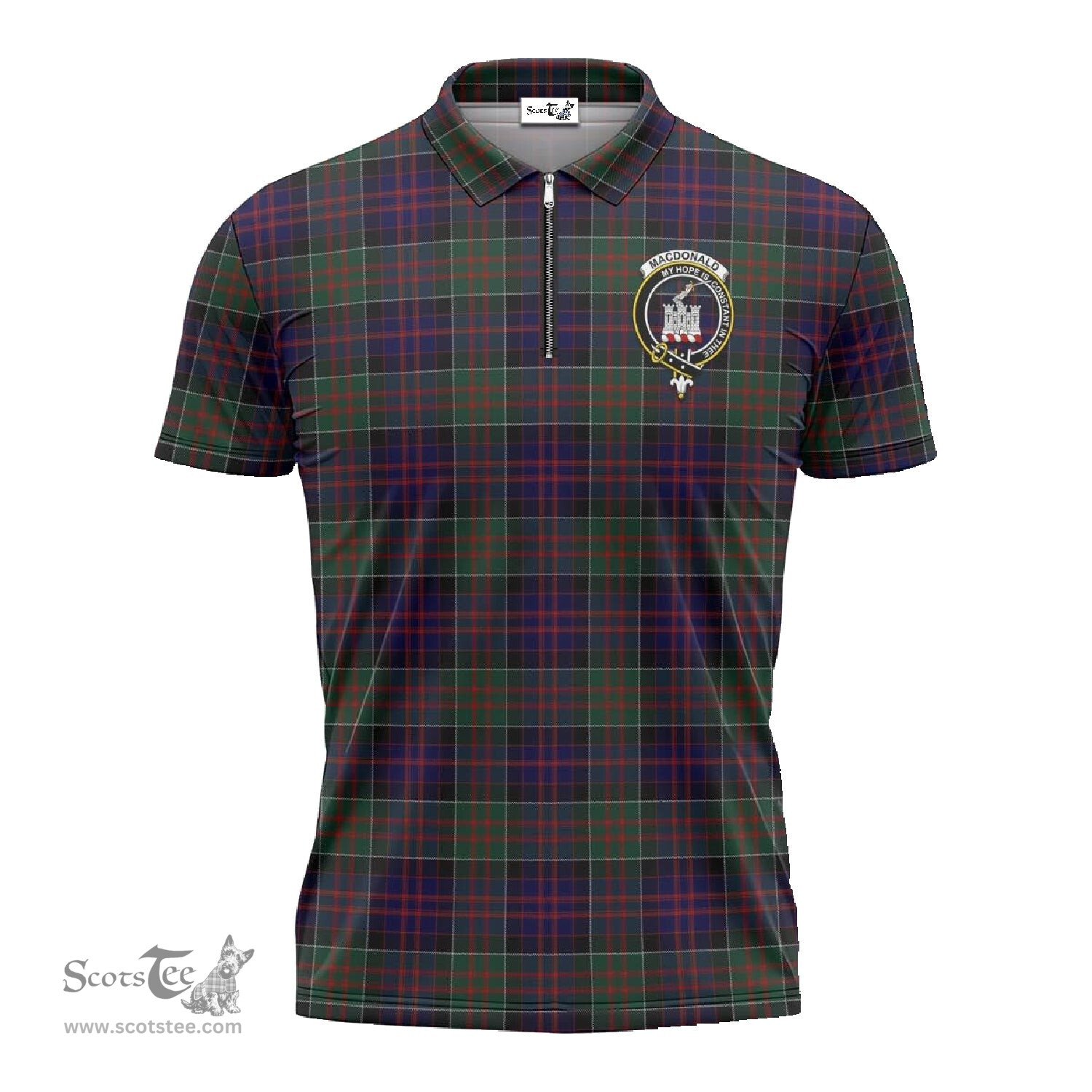 ScotsTee Shop Scottish MacDonald of Clan Ranald Clan Crest Tartan Zipper Polo Shirt