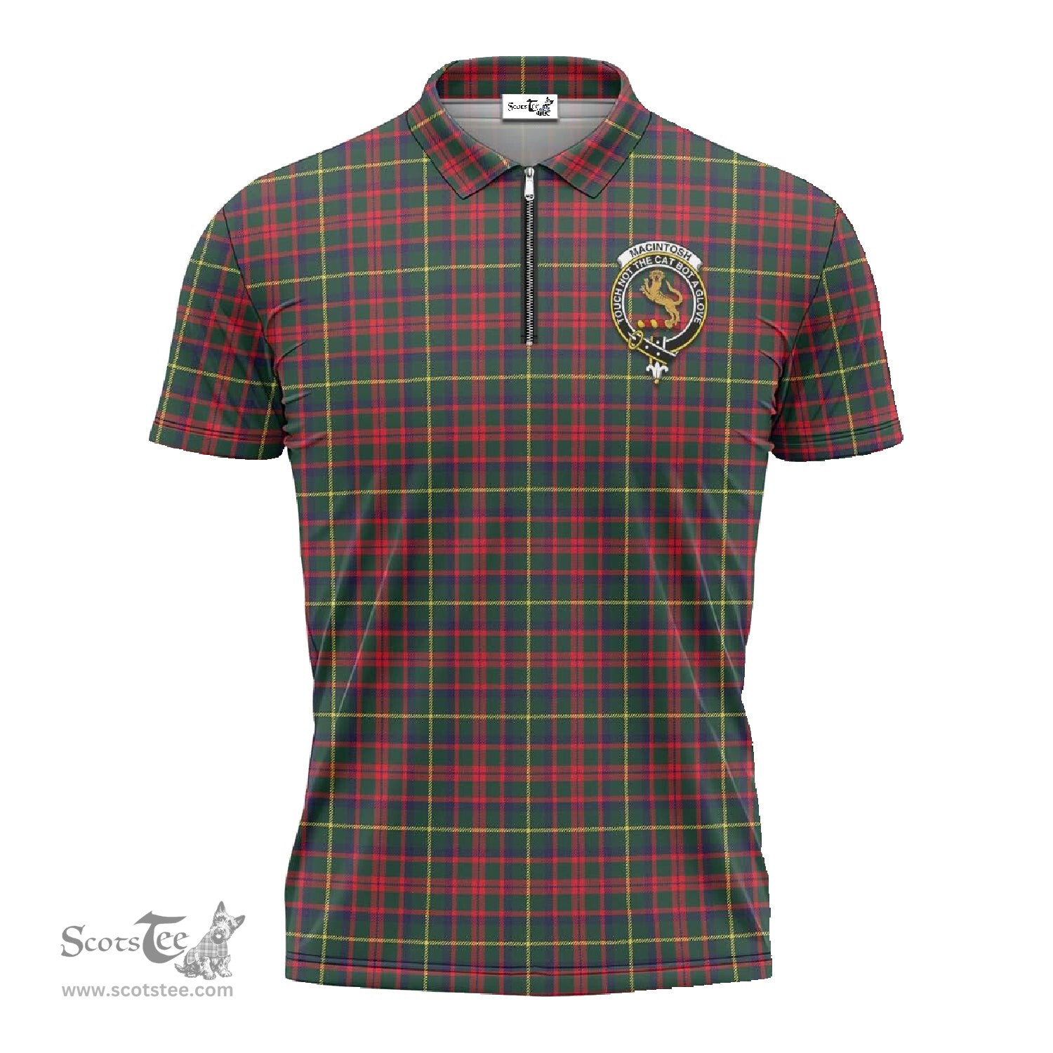 ScotsTee Shop Scottish MacIntosh Hunting Modern Clan Crest Tartan Zipper Polo Shirt