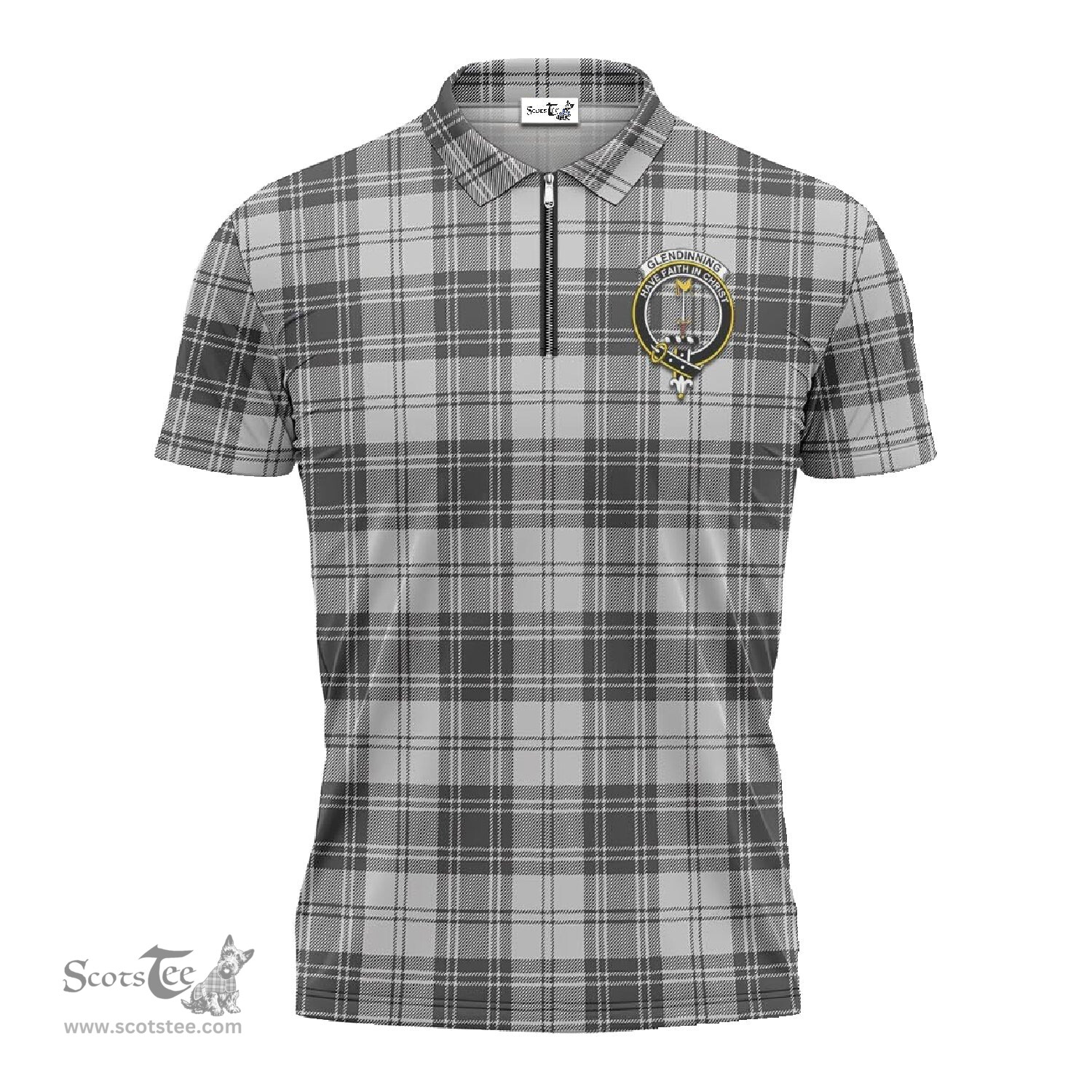 ScotsTee Shop Scottish Glendinning Clan Crest Tartan Zipper Polo Shirt