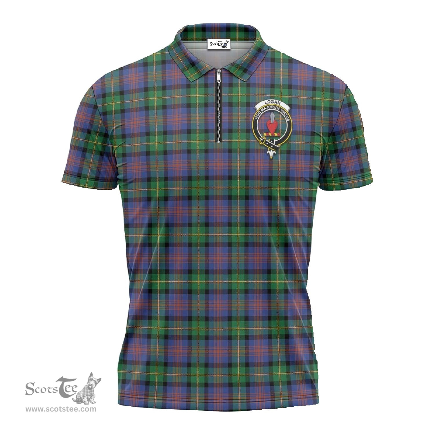 ScotsTee Shop Scottish Logan Ancient Clan Crest Tartan Zipper Polo Shirt