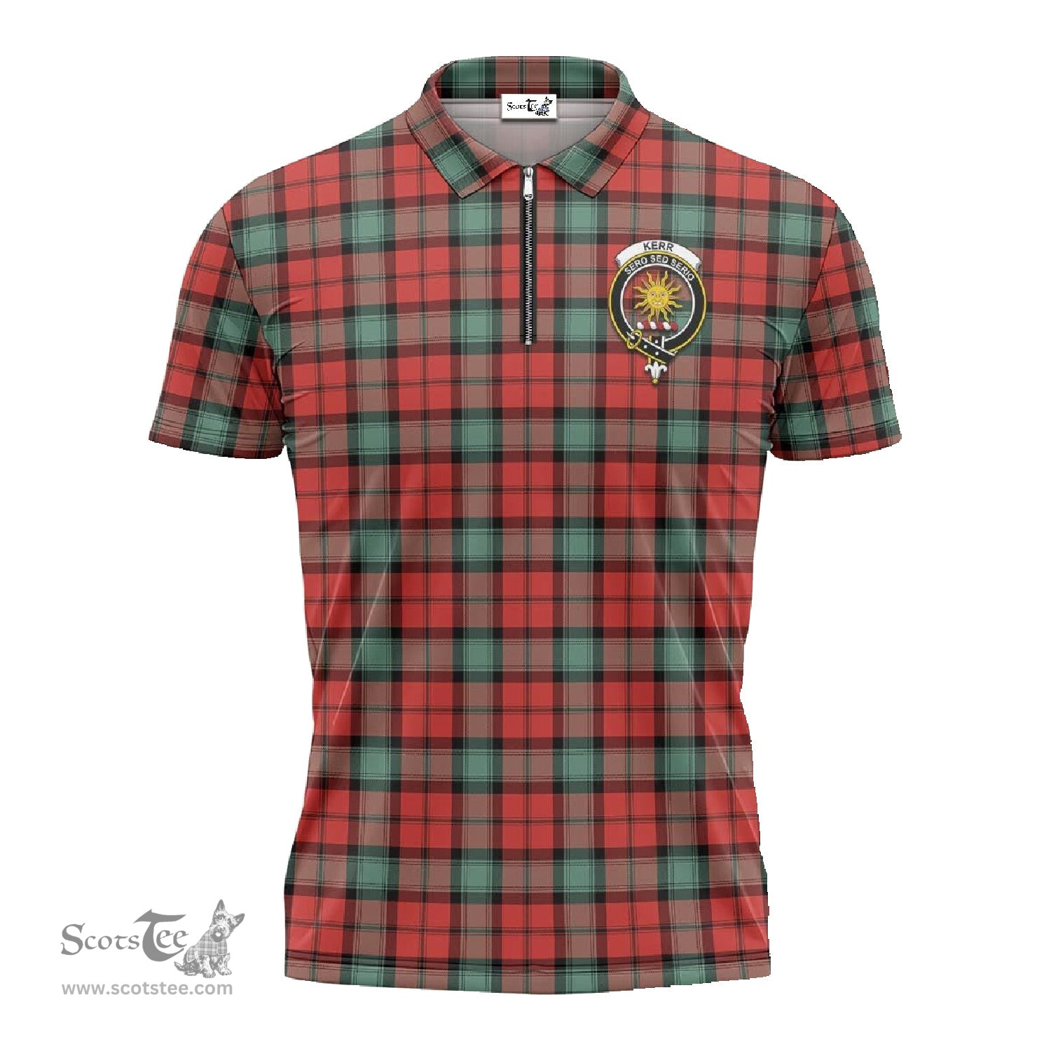 ScotsTee Shop Scottish Kerr Ancient Clan Crest Tartan Zipper Polo Shirt