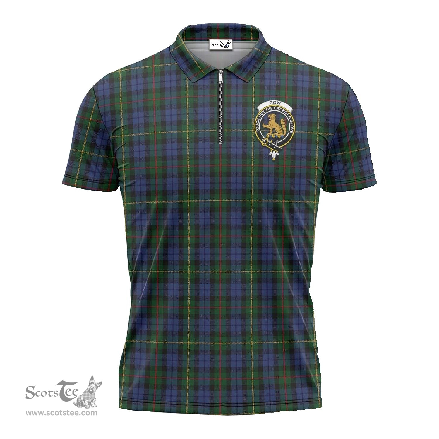 ScotsTee Shop Scottish Gow Hunting Clan Crest Tartan Zipper Polo Shirt