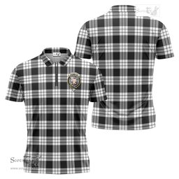 ScotsTee Shop Scottish MacFarlane Black White Clan Crest Tartan Zipper Polo Shirt