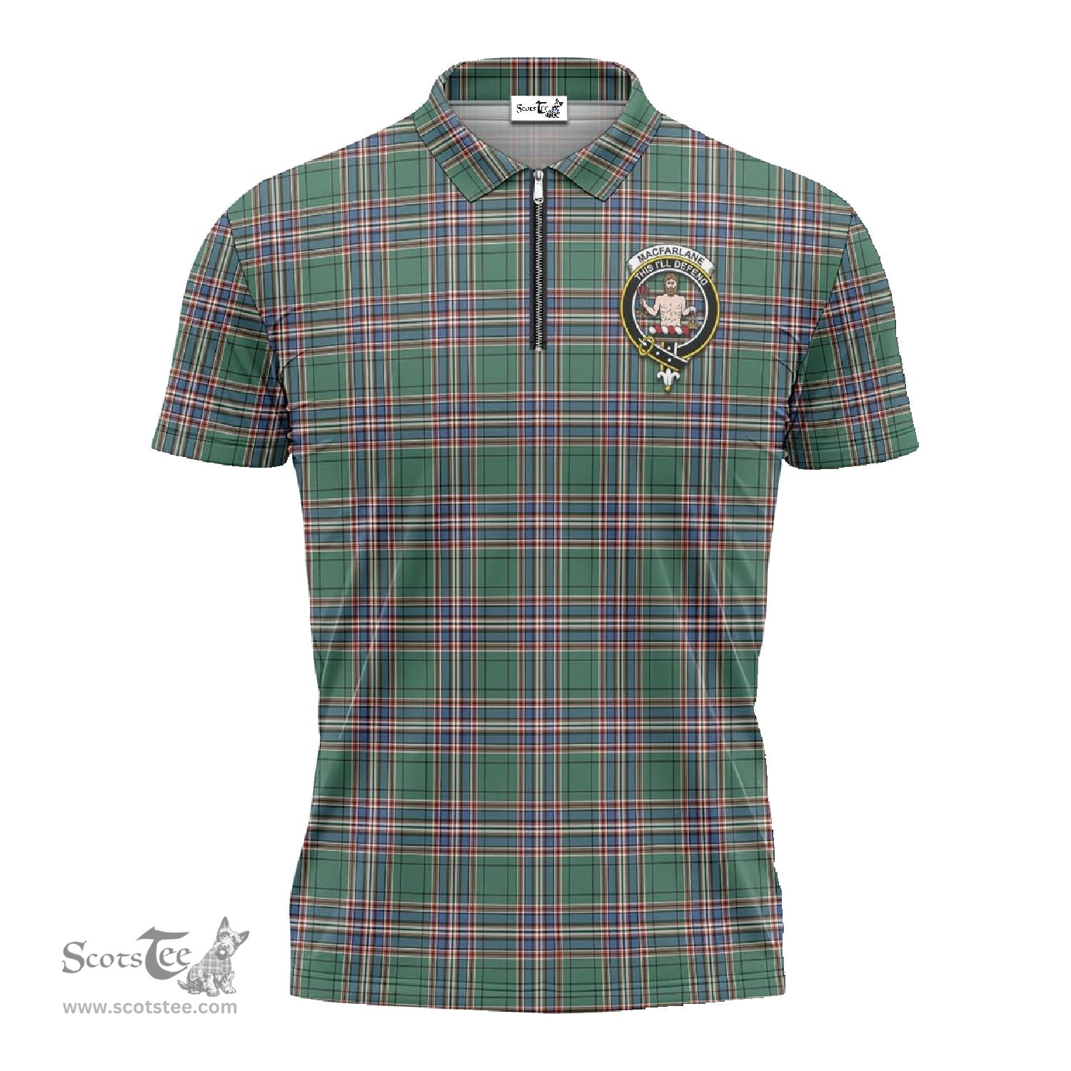 ScotsTee Shop Scottish MacFarlane Hunting Ancient Clan Crest Tartan Zipper Polo Shirt