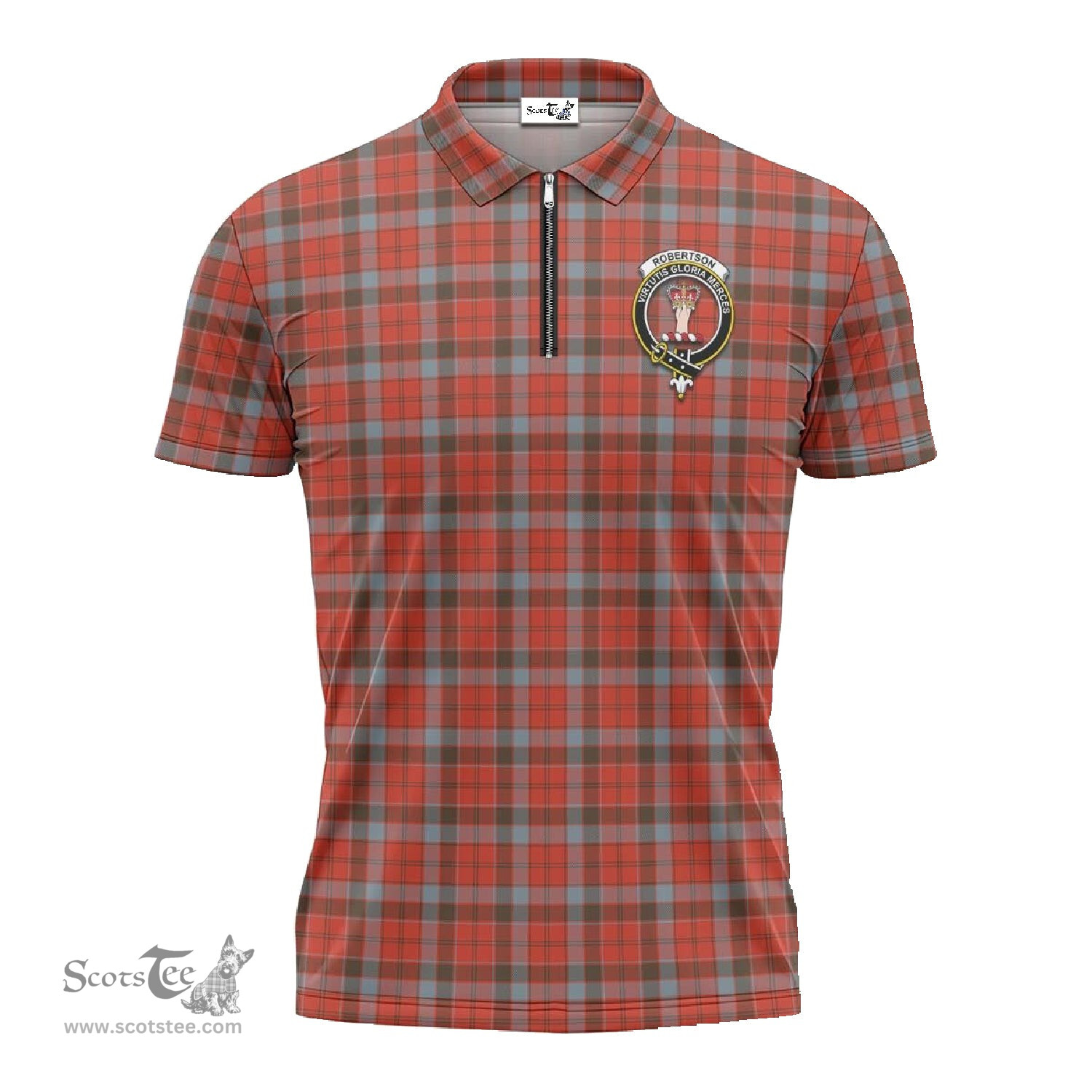 ScotsTee Shop Scottish Robertson Weathered Clan Crest Tartan Zipper Polo Shirt