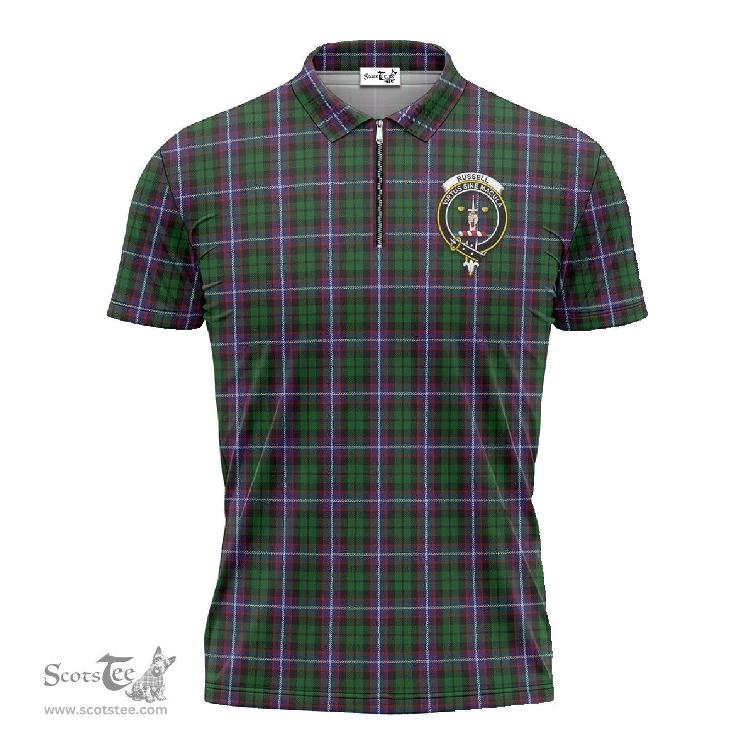 ScotsTee Shop Scottish Russell Clan Crest Tartan Zipper Polo Shirt
