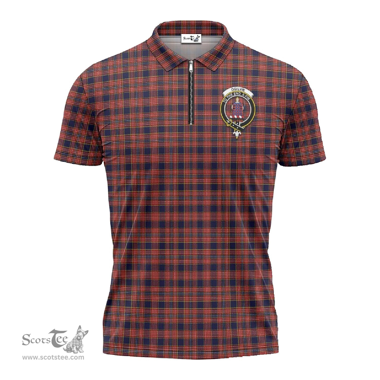 ScotsTee Shop Scottish Ogilvie (Ogilvy) Clan Crest Tartan Zipper Polo Shirt