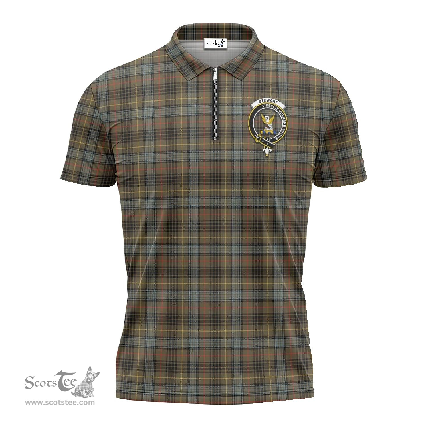 ScotsTee Shop Scottish Stewart Hunting Weathered Clan Crest Tartan Zipper Polo Shirt