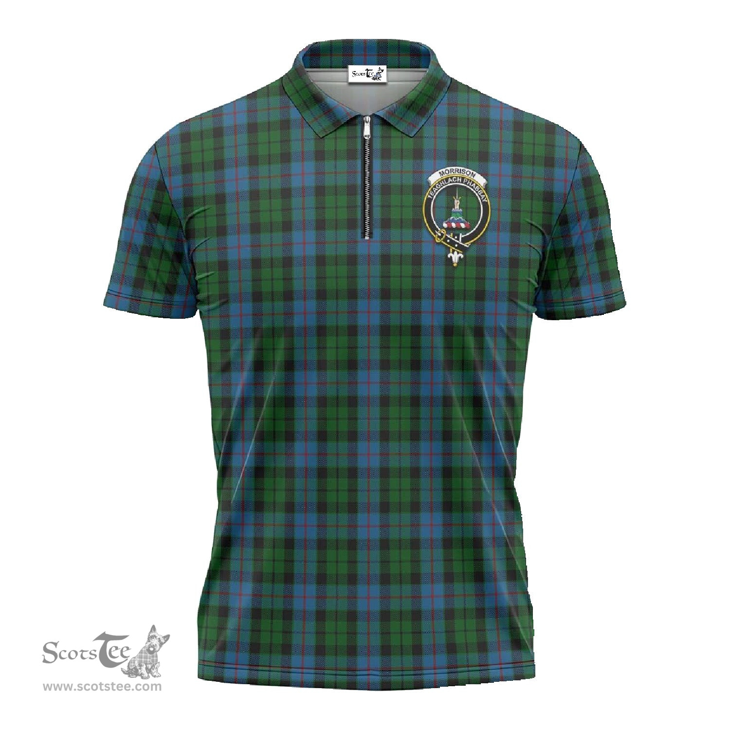 ScotsTee Shop Scottish Morrison Society Clan Crest Tartan Zipper Polo Shirt
