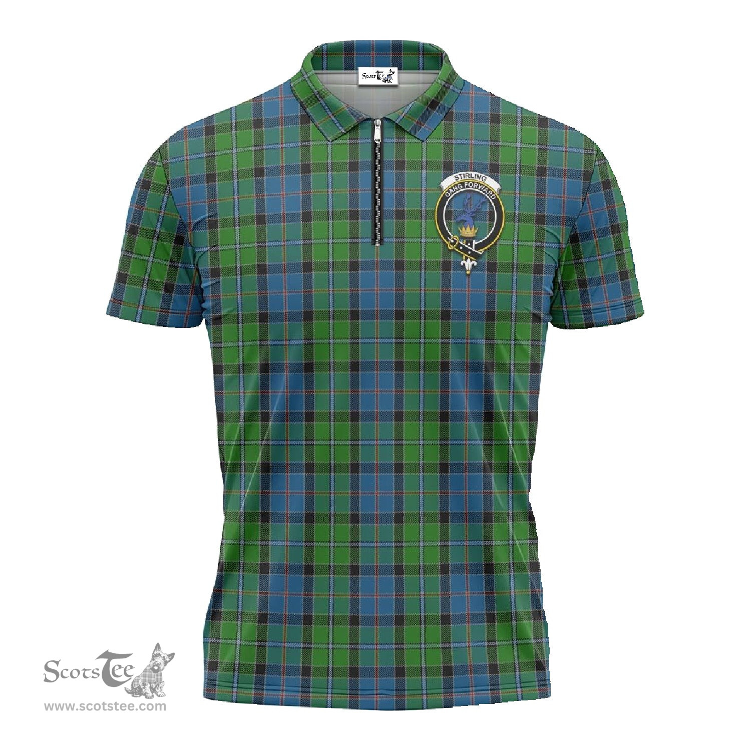ScotsTee Shop Scottish Stirling Clan Crest Tartan Zipper Polo Shirt