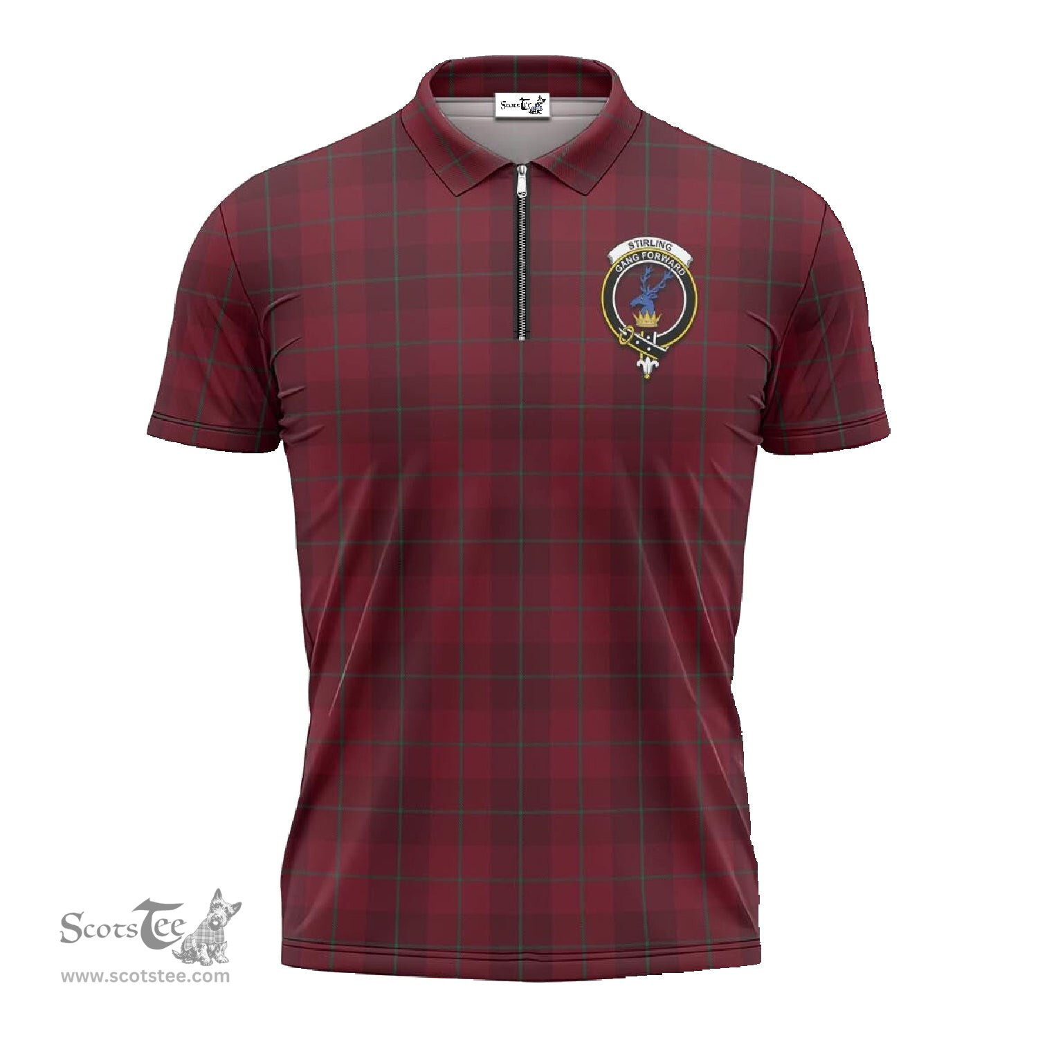 ScotsTee Shop Scottish Stirling of Keir Clan Crest Tartan Zipper Polo Shirt