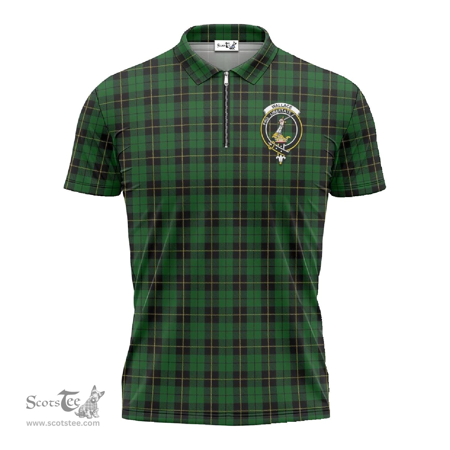 ScotsTee Shop Scottish Wallace Hunting Clan Crest Tartan Zipper Polo Shirt