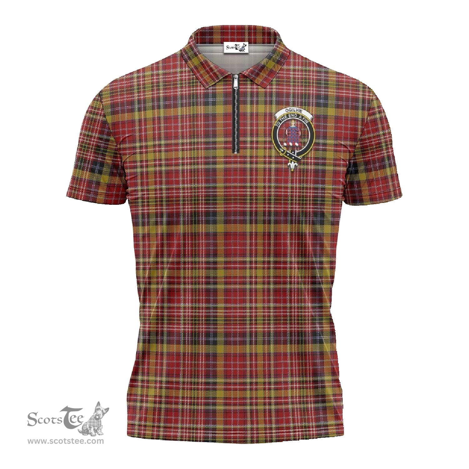 ScotsTee Shop Scottish Ogilvie (Ogilvy) of Strathallan Clan Crest Tartan Zipper Polo Shirt