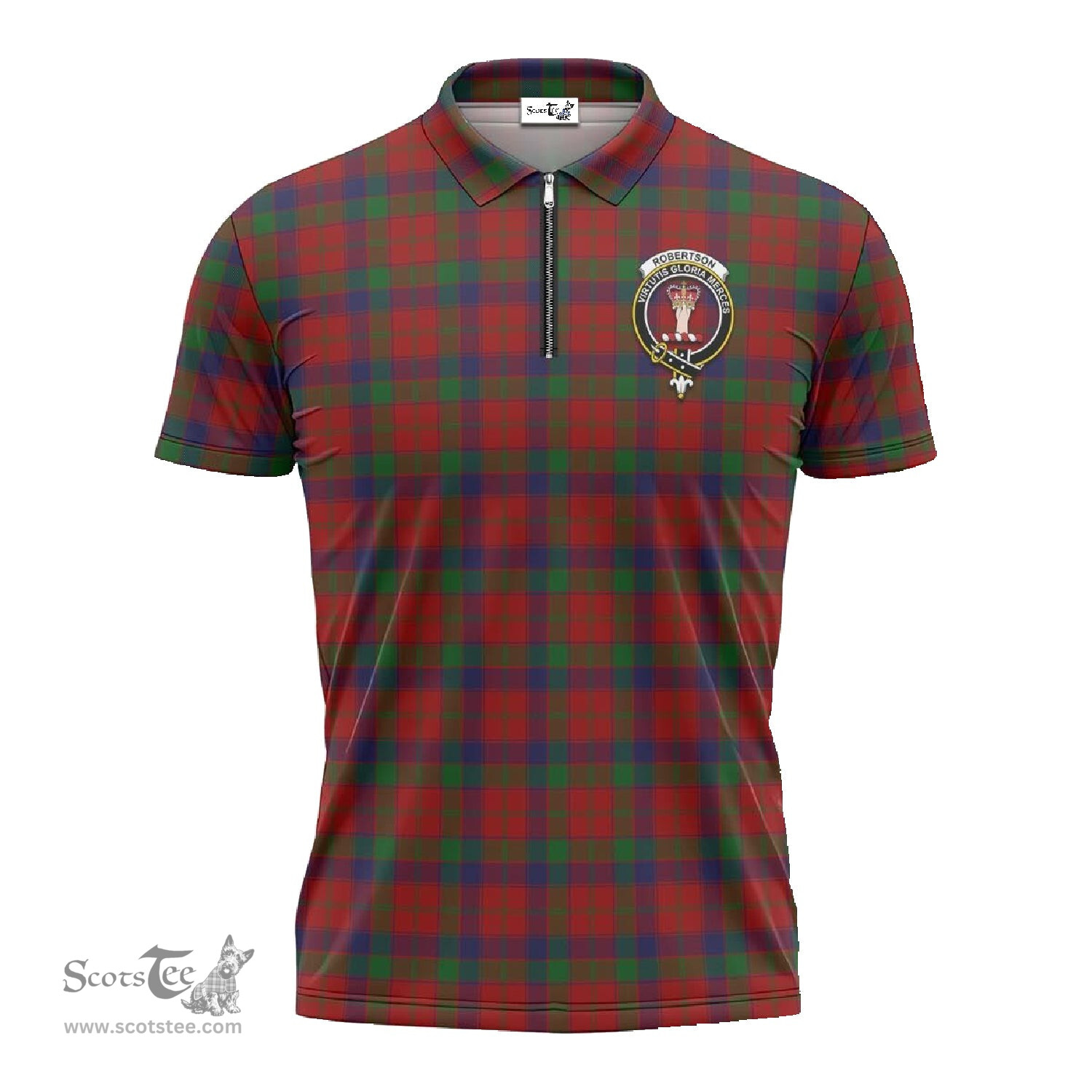 ScotsTee Shop Scottish Robertson Clan Crest Tartan Zipper Polo Shirt