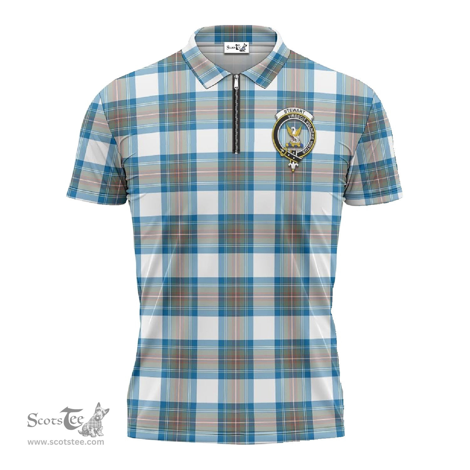 ScotsTee Shop Scottish Stewart Muted Blue Clan Crest Tartan Zipper Polo Shirt