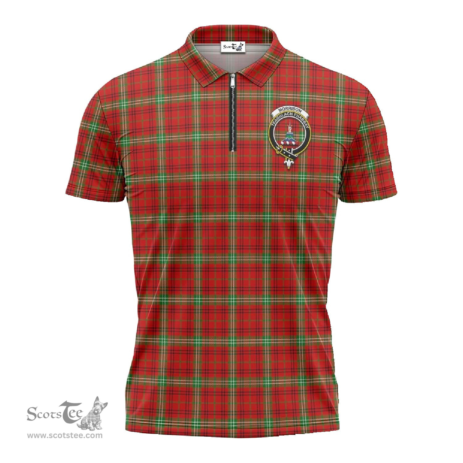 ScotsTee Shop Scottish Morrison Red Modern Clan Crest Tartan Zipper Polo Shirt