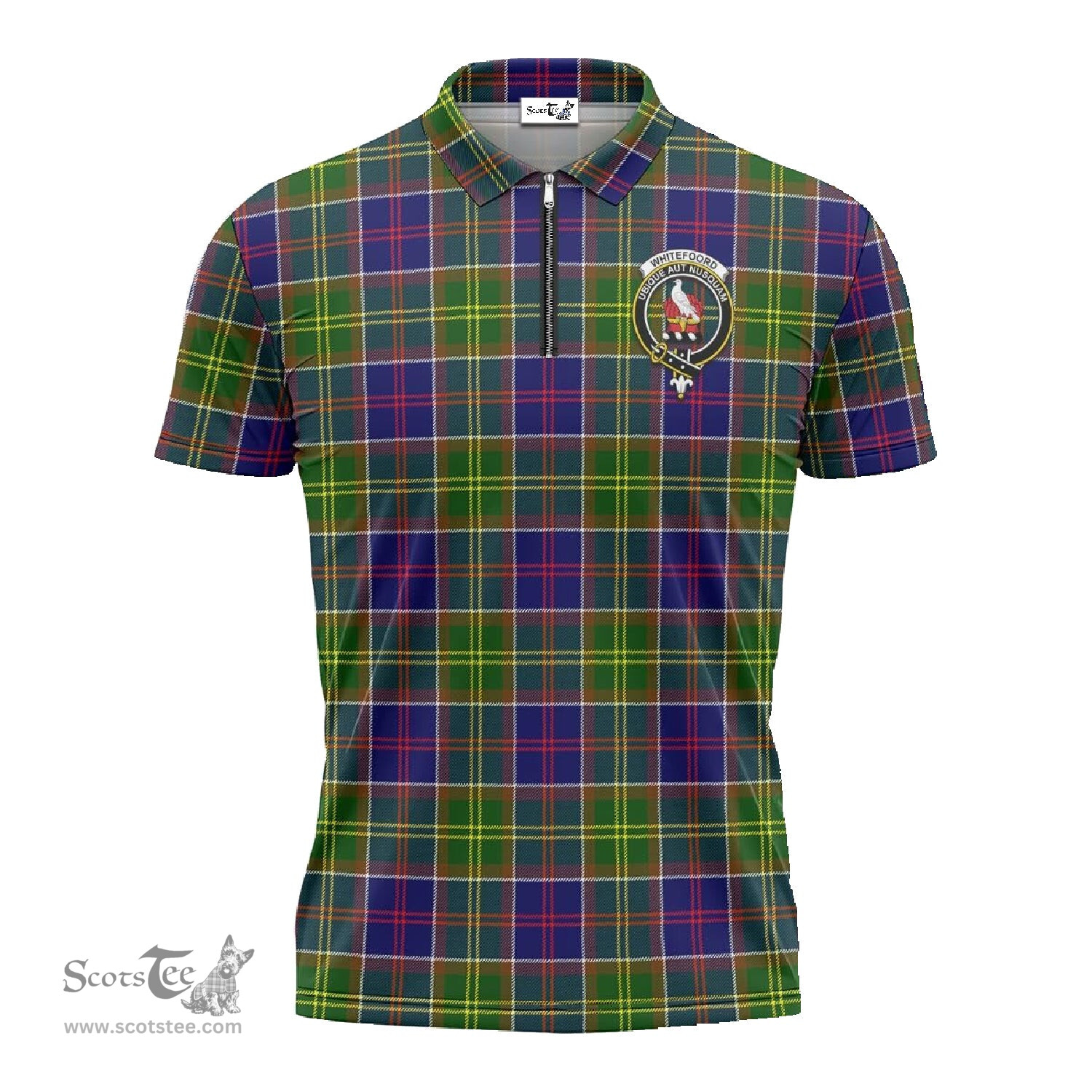 ScotsTee Shop Scottish Whitefoord Modern Clan Crest Tartan Zipper Polo Shirt