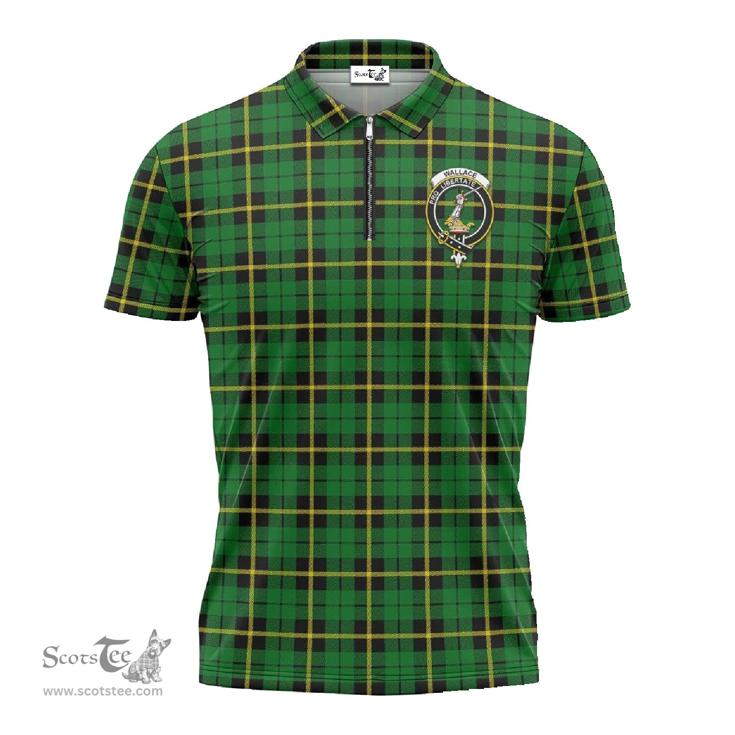 ScotsTee Shop Scottish Wallace Hunting Green Clan Crest Tartan Zipper Polo Shirt