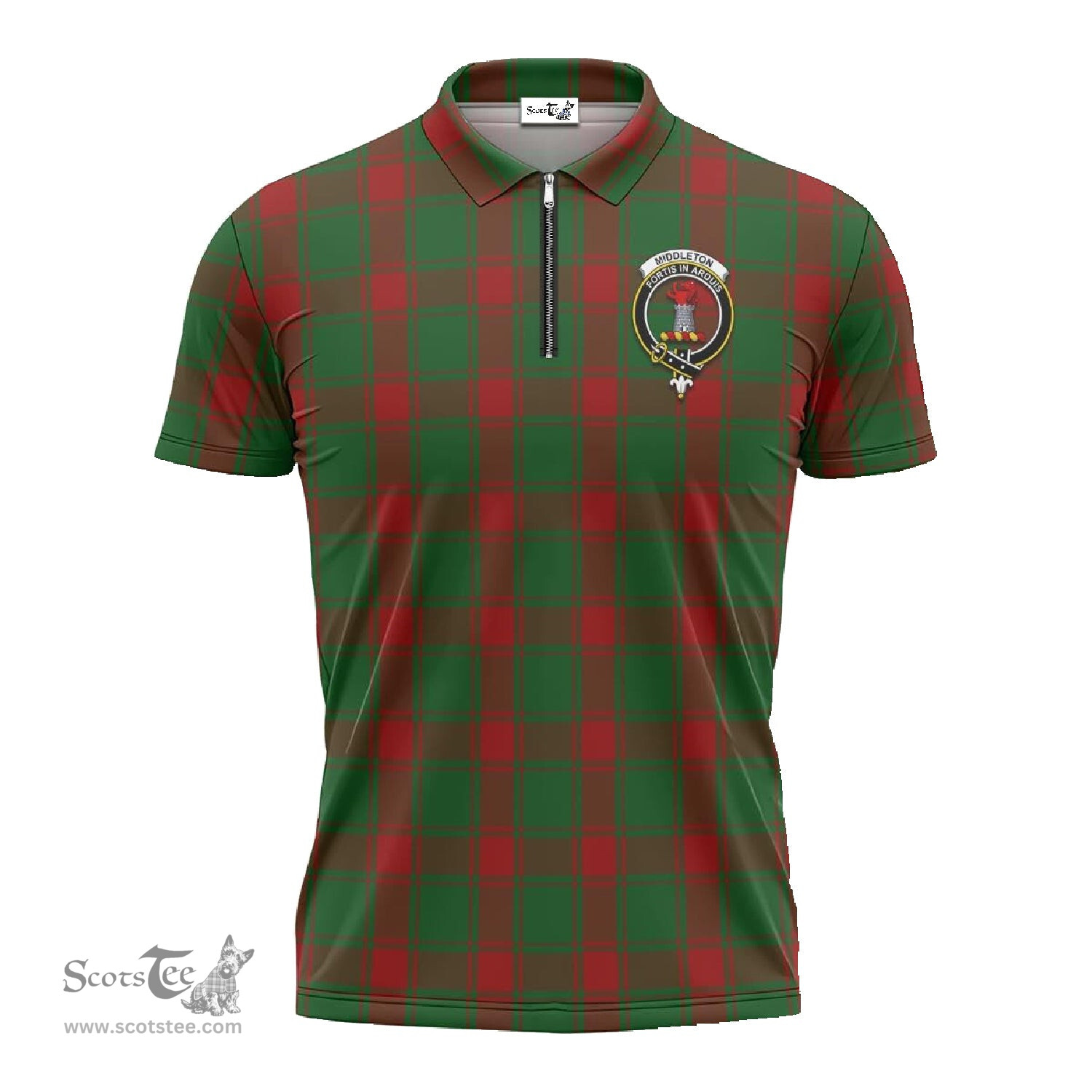 ScotsTee Shop Scottish Middleton Clan Crest Tartan Zipper Polo Shirt