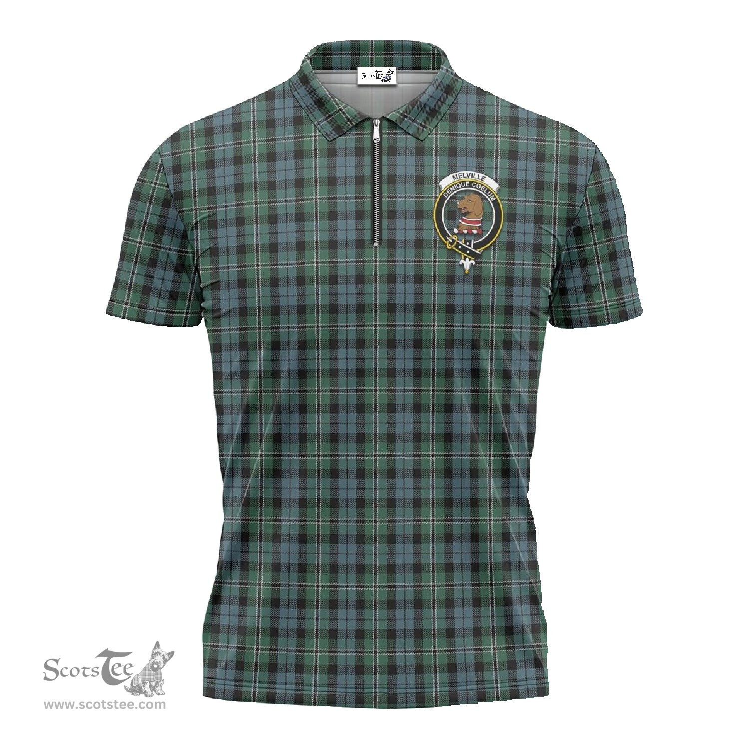 ScotsTee Shop Scottish Melville Clan Crest Tartan Zipper Polo Shirt