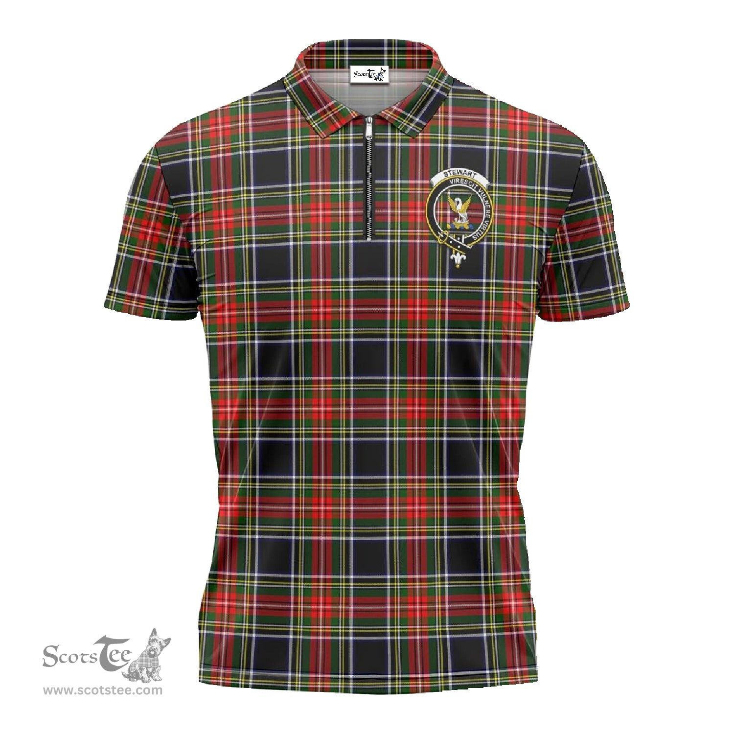 ScotsTee Shop Scottish Stewart Black Clan Crest Tartan Zipper Polo Shirt