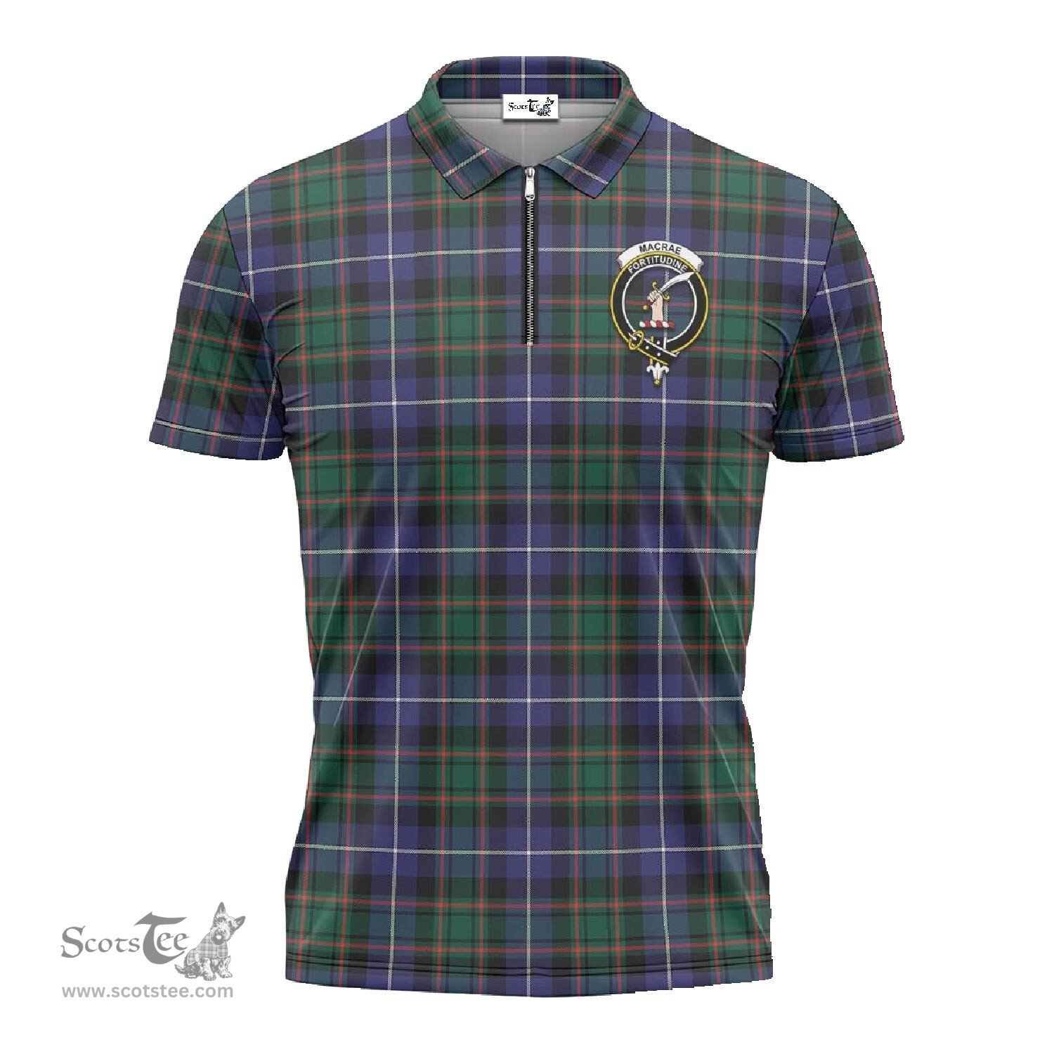ScotsTee Shop Scottish MacRae Hunting Modern Clan Crest Tartan Zipper Polo Shirt