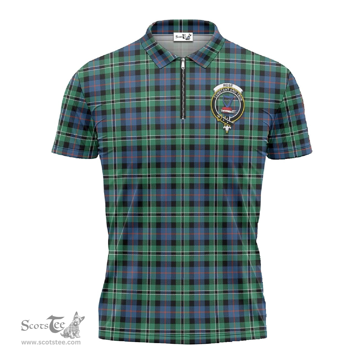 ScotsTee Shop Scottish Rose Hunting Ancient Clan Crest Tartan Zipper Polo Shirt