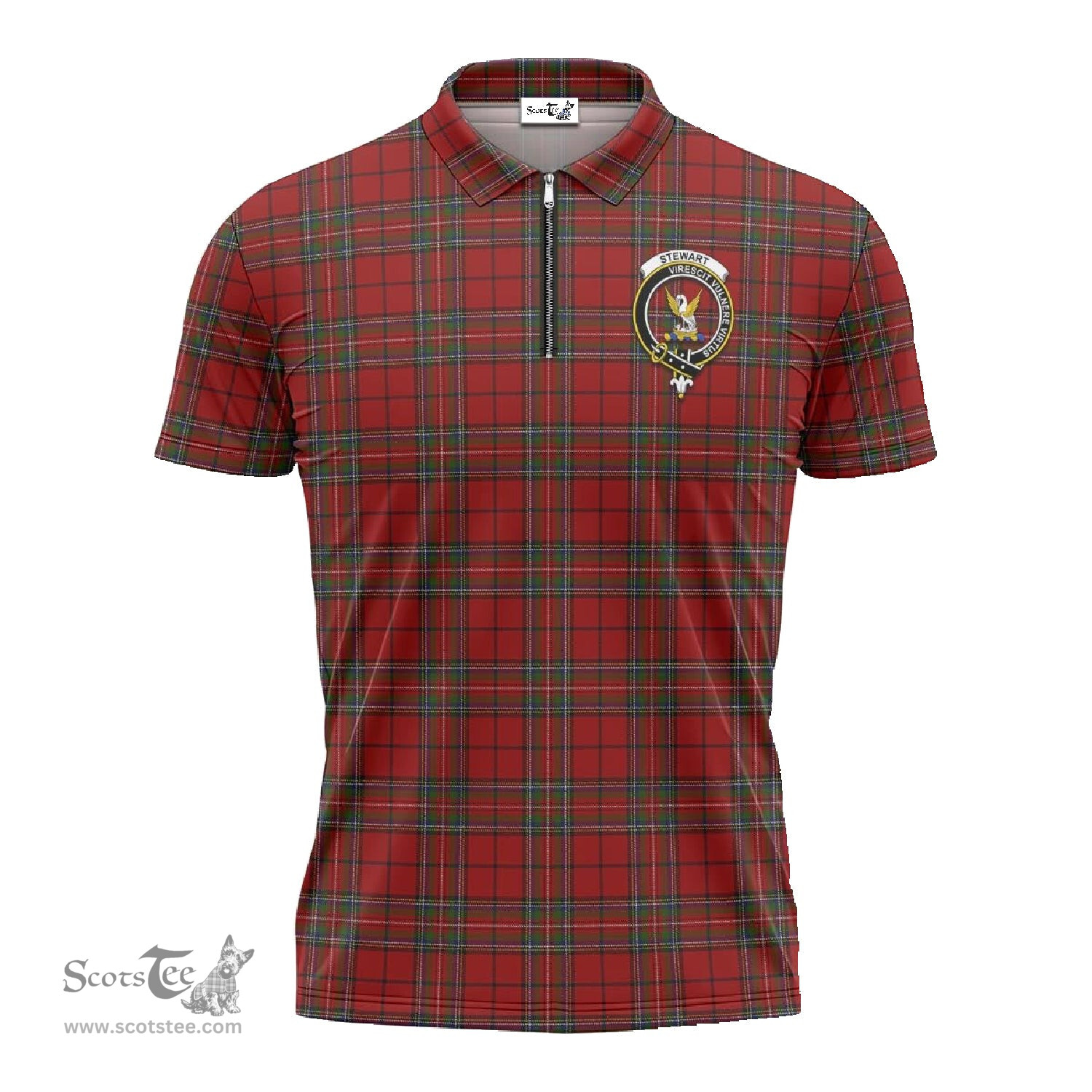 ScotsTee Shop Scottish Stewart of Galloway Clan Crest Tartan Zipper Polo Shirt