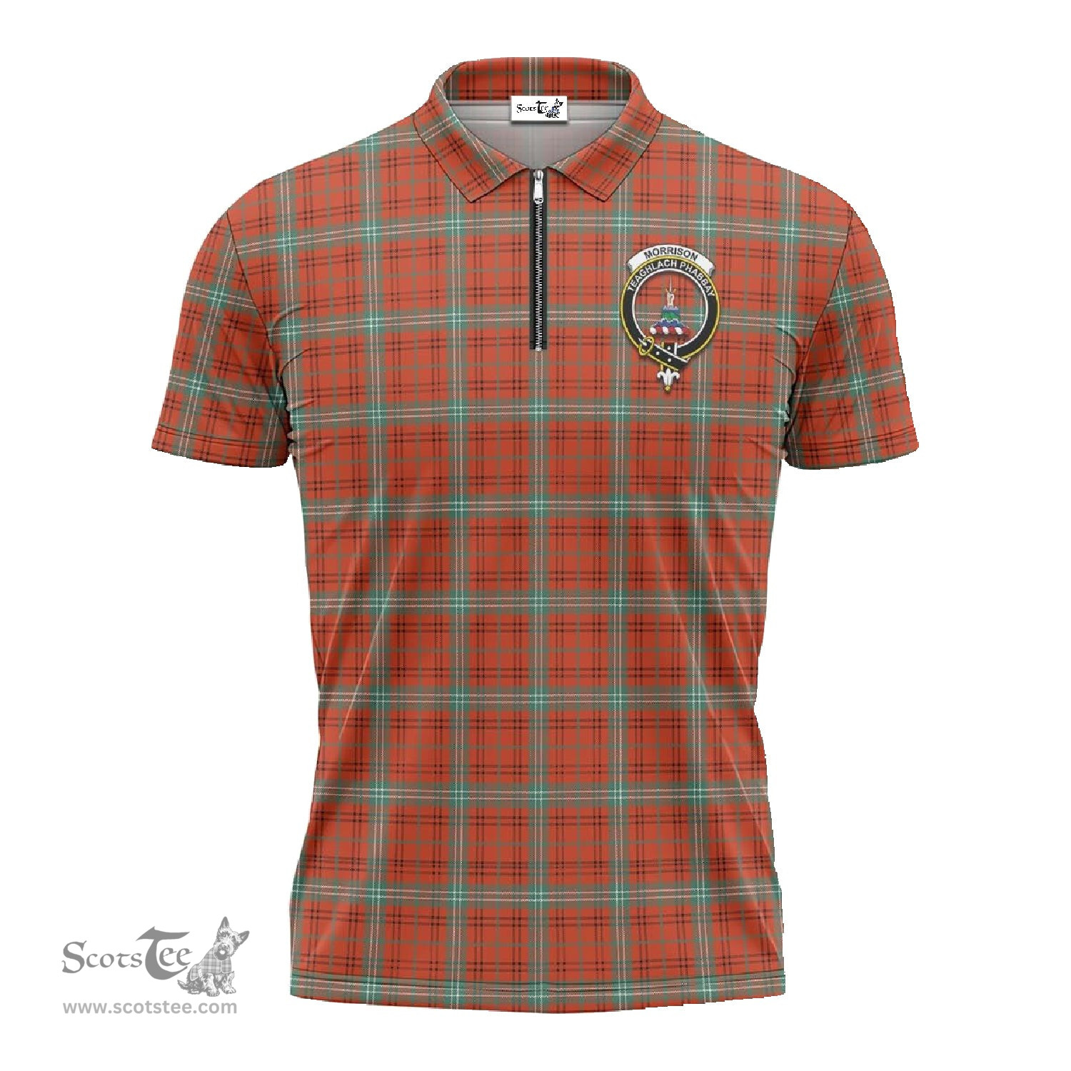 ScotsTee Shop Scottish Morrison Red Ancient Clan Crest Tartan Zipper Polo Shirt