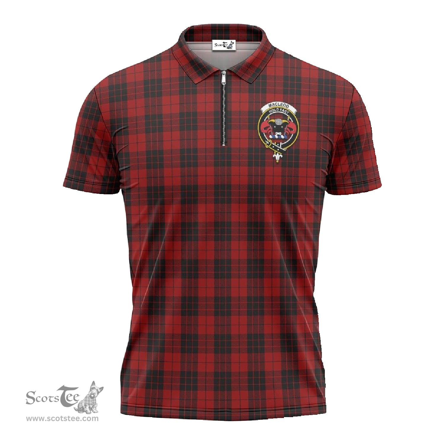 ScotsTee Shop Scottish MacLeod of Raasay Highland Clan Crest Tartan Zipper Polo Shirt