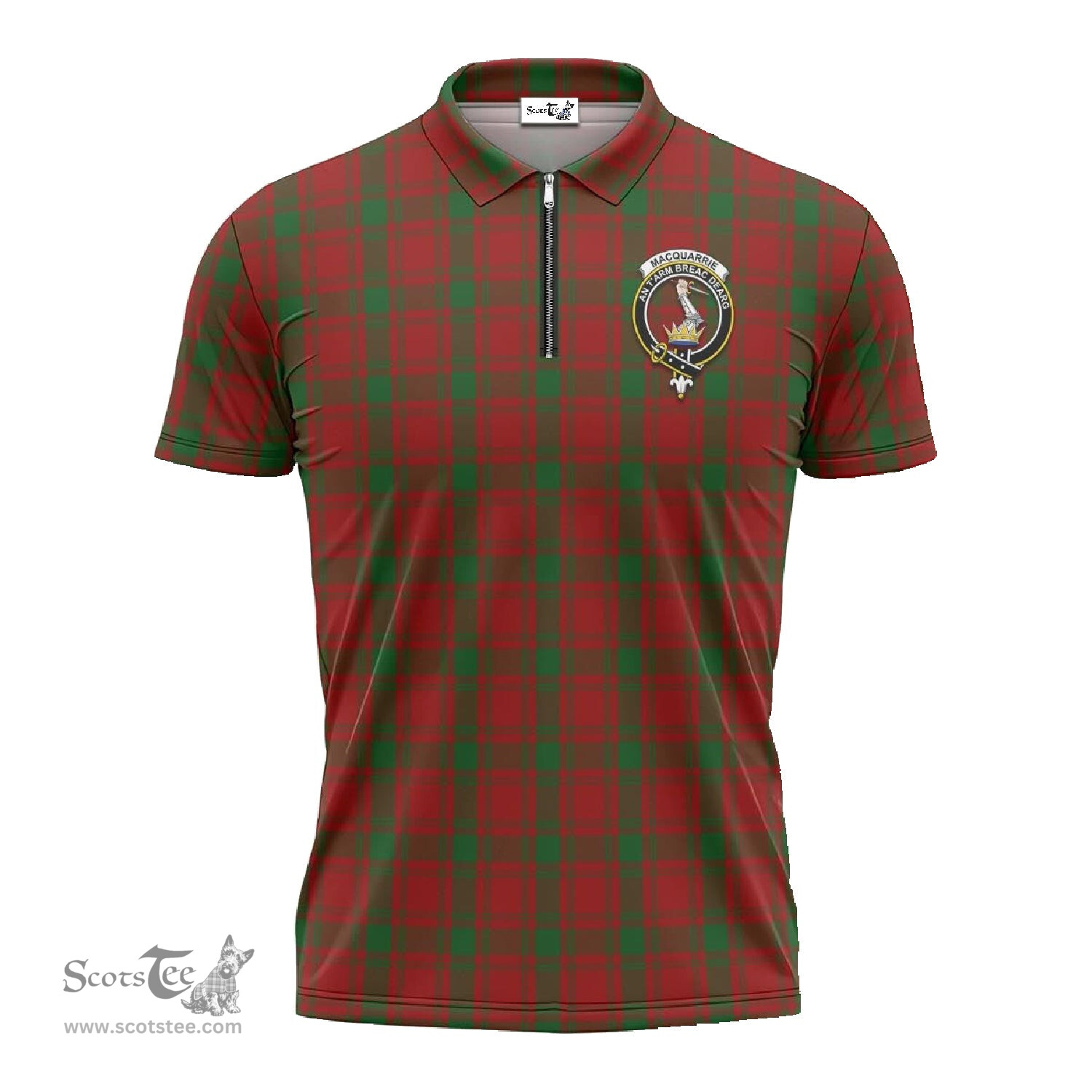 ScotsTee Shop Scottish MacQuarrie Clan Crest Tartan Zipper Polo Shirt