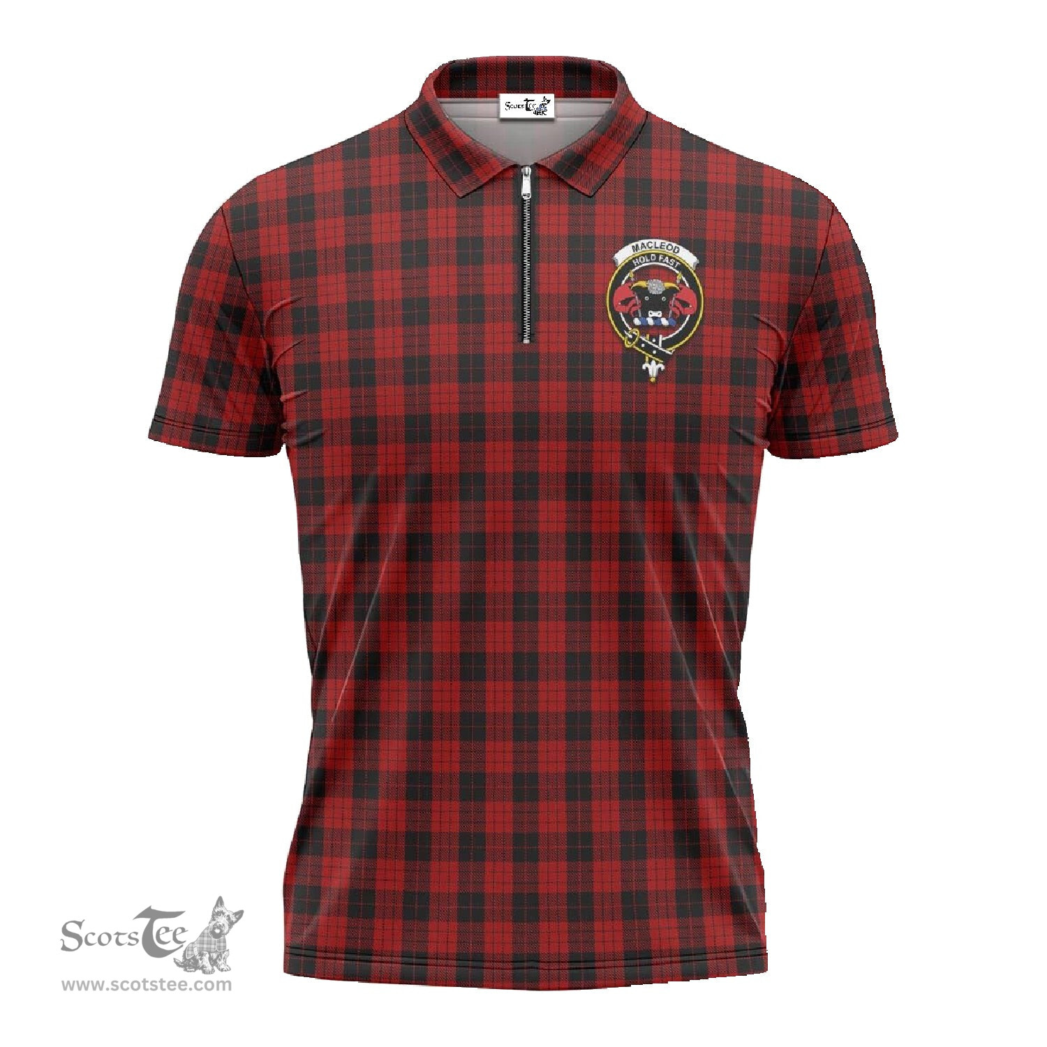 ScotsTee Shop Scottish MacLeod Black and Red Clan Crest Tartan Zipper Polo Shirt
