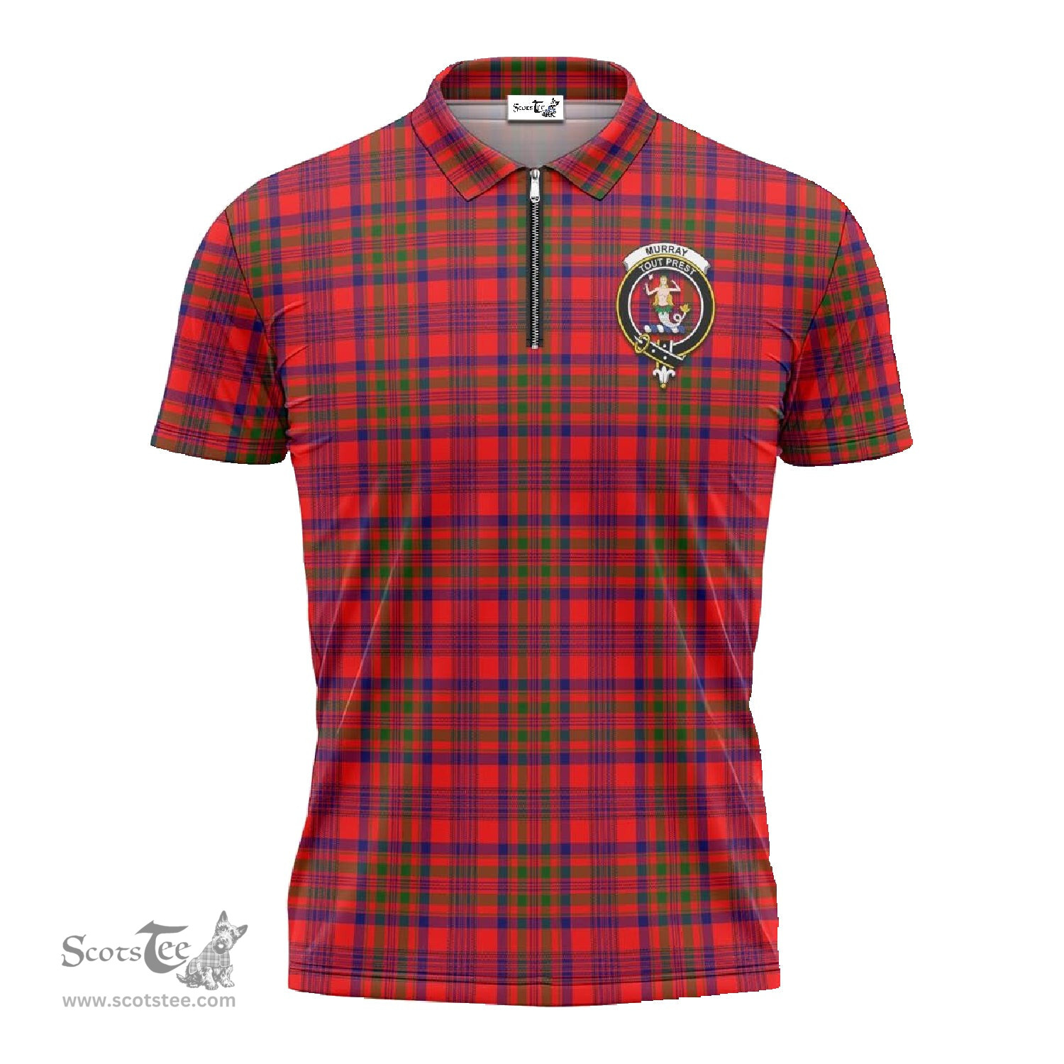 ScotsTee Shop Scottish Murray of Tulloch Modern Clan Crest Tartan Zipper Polo Shirt