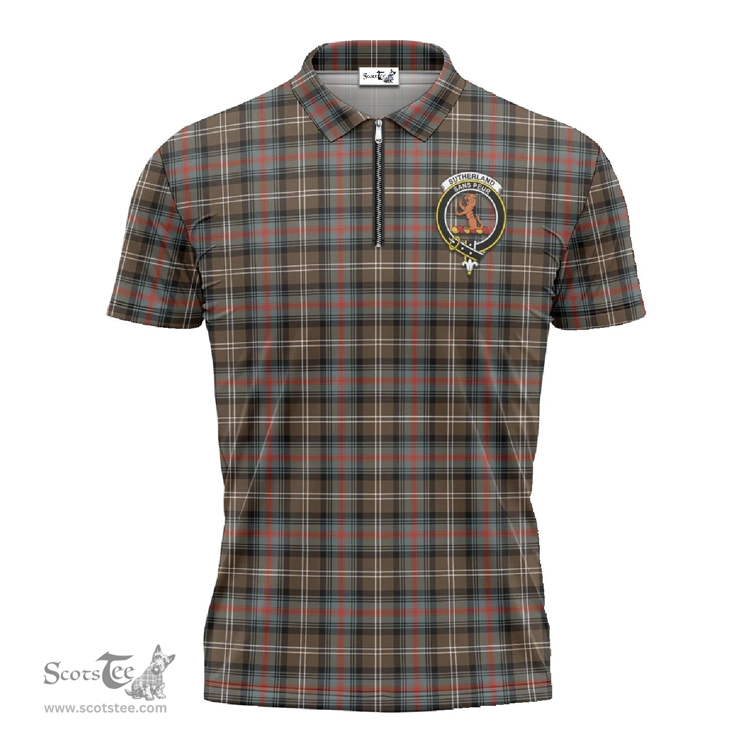 ScotsTee Shop Scottish Sutherland Weathered Clan Crest Tartan Zipper Polo Shirt