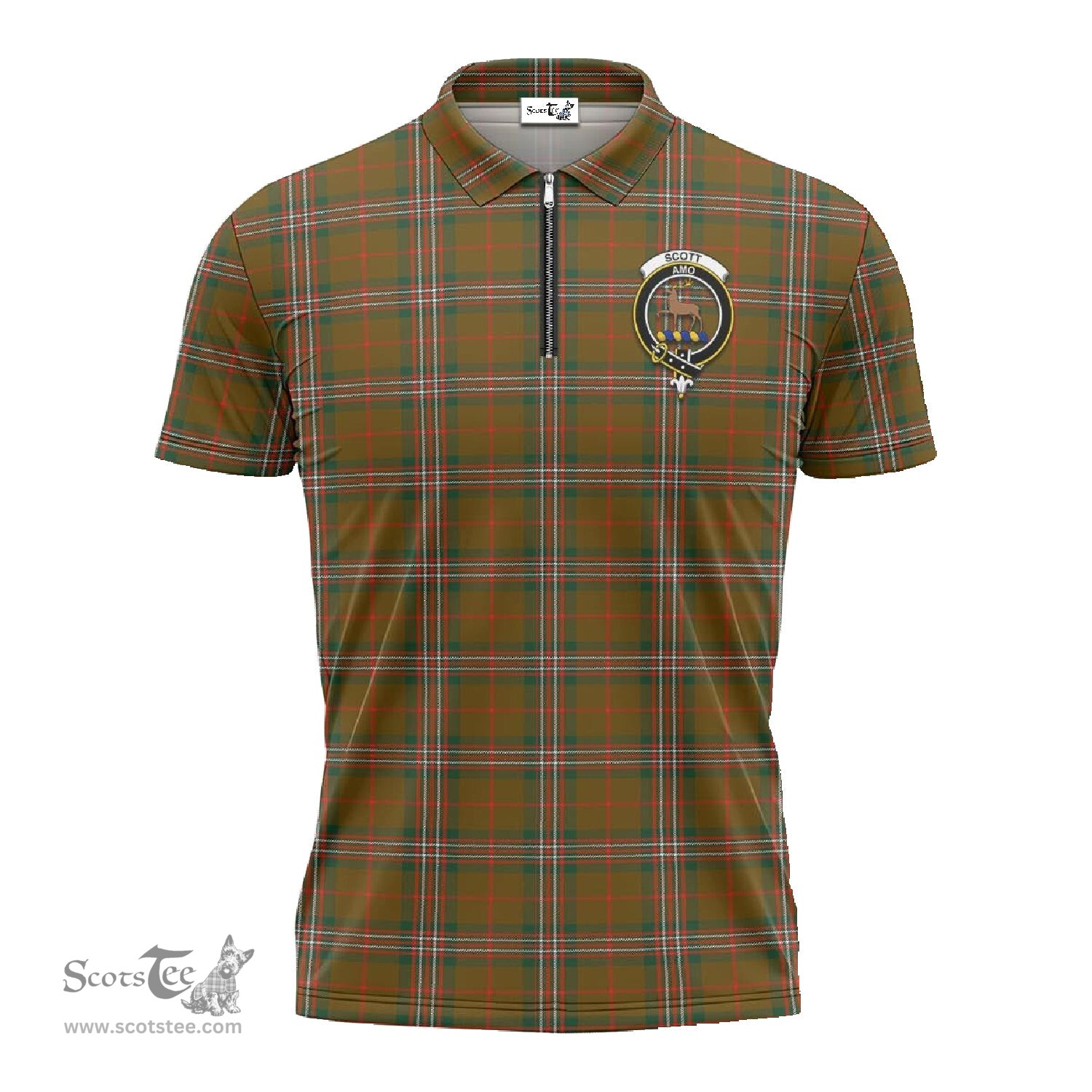 ScotsTee Shop Scottish Scott Brown Modern Clan Crest Tartan Zipper Polo Shirt