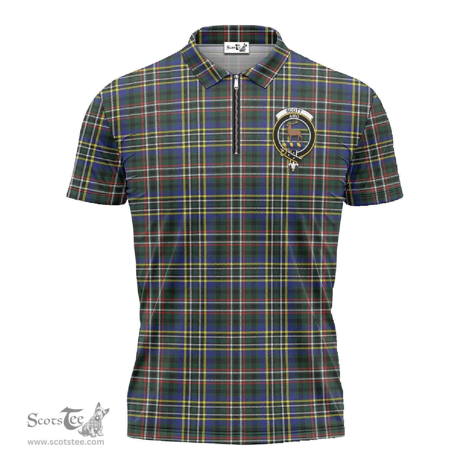 ScotsTee Shop Scottish Scott Green Modern Clan Crest Tartan Zipper Polo Shirt