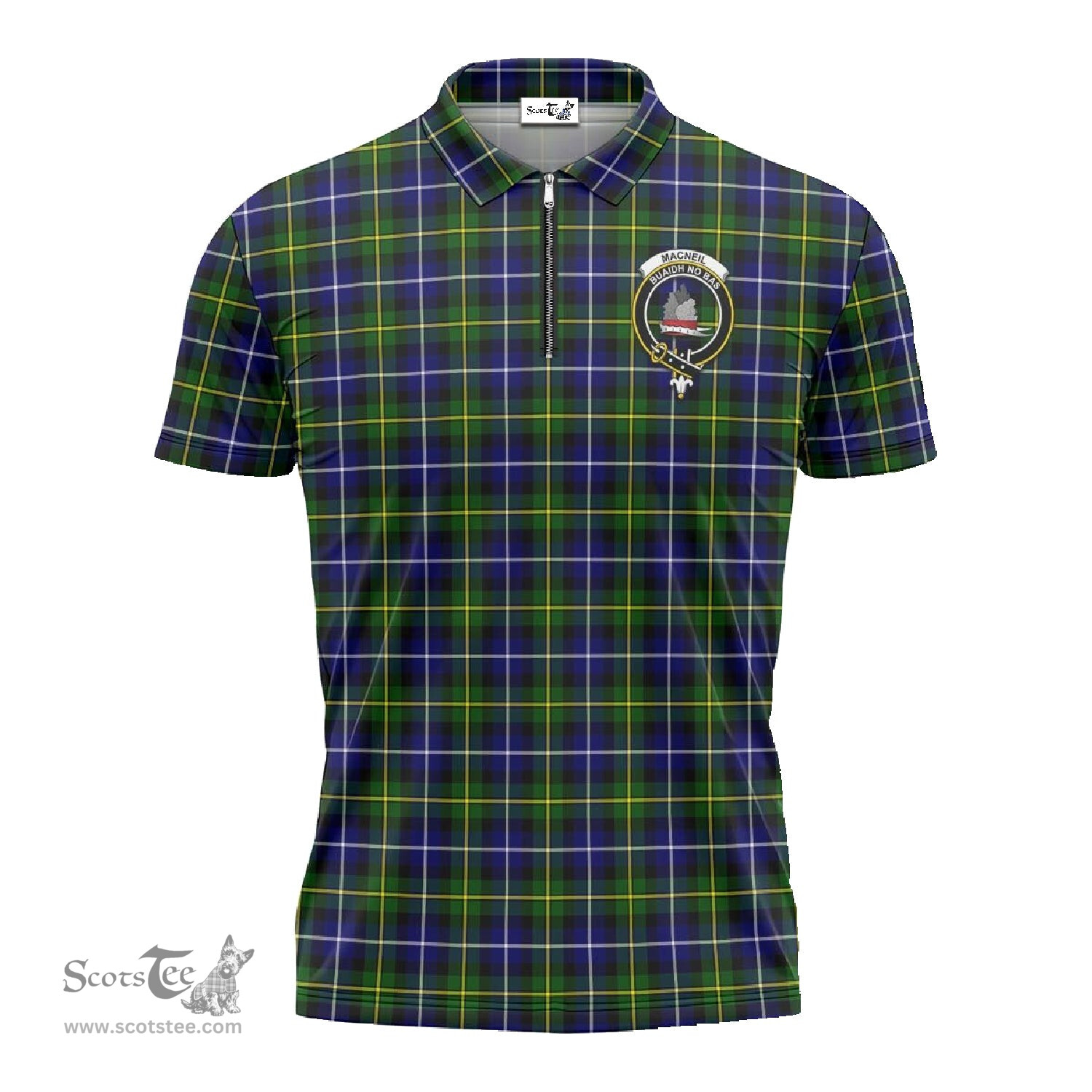 ScotsTee Shop Scottish MacNeil of Barra Modern Clan Crest Tartan Zipper Polo Shirt