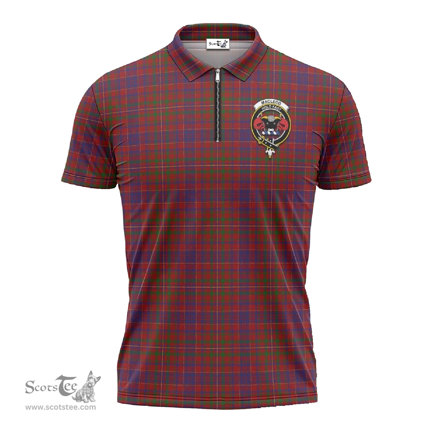 ScotsTee Shop Scottish MacLeod Red Clan Crest Tartan Zipper Polo Shirt