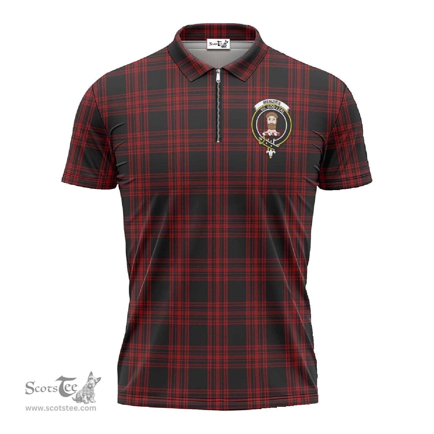 ScotsTee Shop Scottish Menzies Hunting Clan Crest Tartan Zipper Polo Shirt