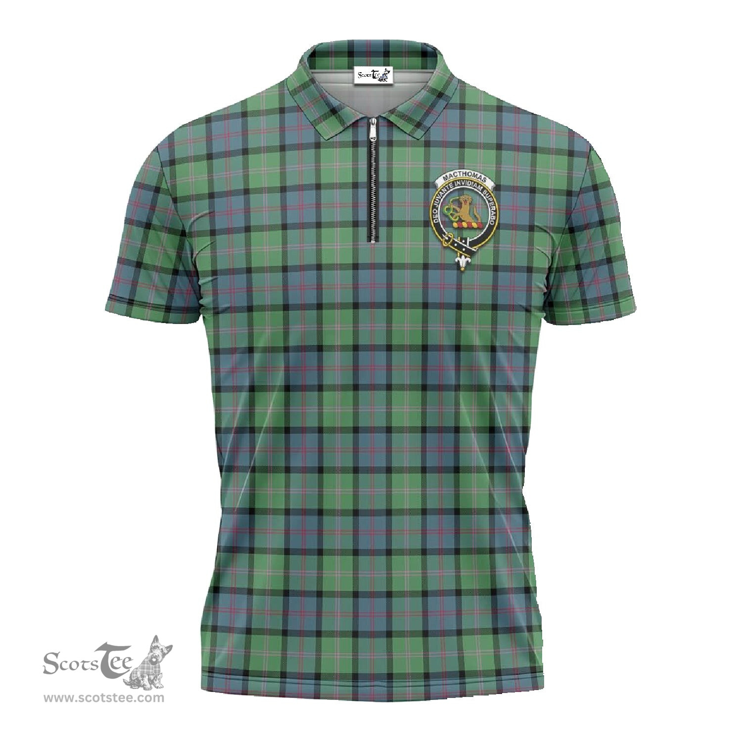 ScotsTee Shop Scottish MacThomas Ancient Clan Crest Tartan Zipper Polo Shirt