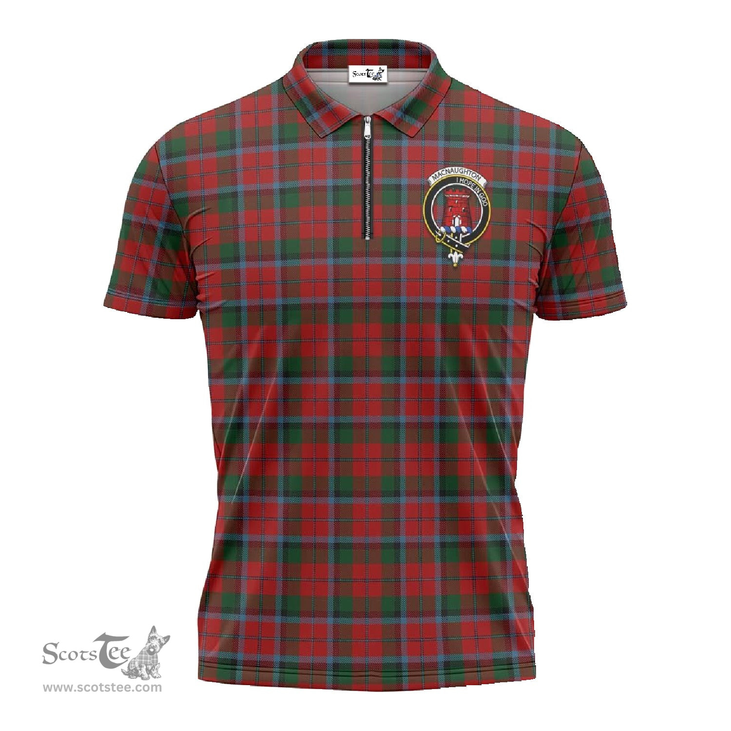ScotsTee Shop Scottish MacNaughton Clan Crest Tartan Zipper Polo Shirt