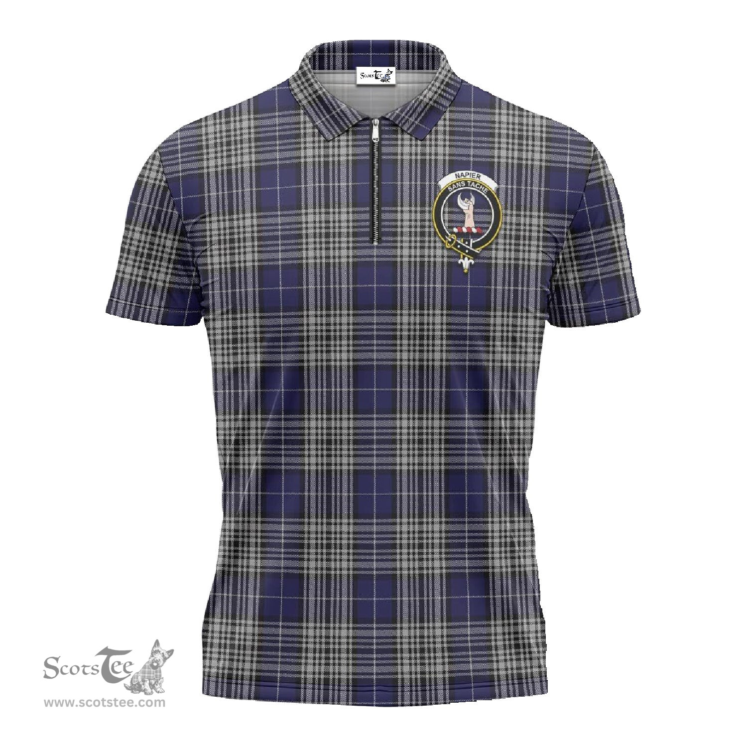 ScotsTee Shop Scottish Napier Clan Crest Tartan Zipper Polo Shirt