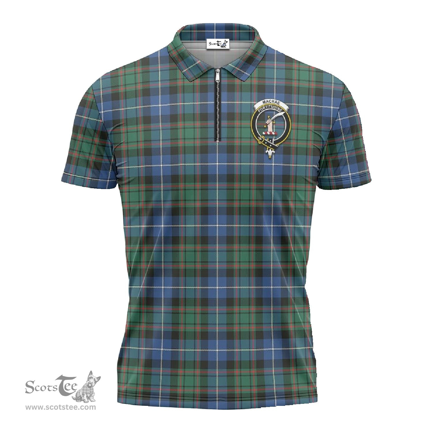 ScotsTee Shop Scottish MacRae Hunting Ancient Clan Crest Tartan Zipper Polo Shirt