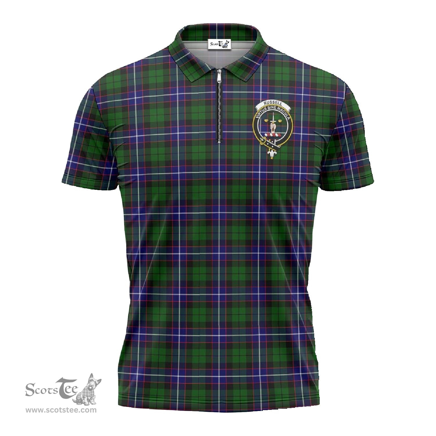ScotsTee Shop Scottish Russell Modern Clan Crest Tartan Zipper Polo Shirt