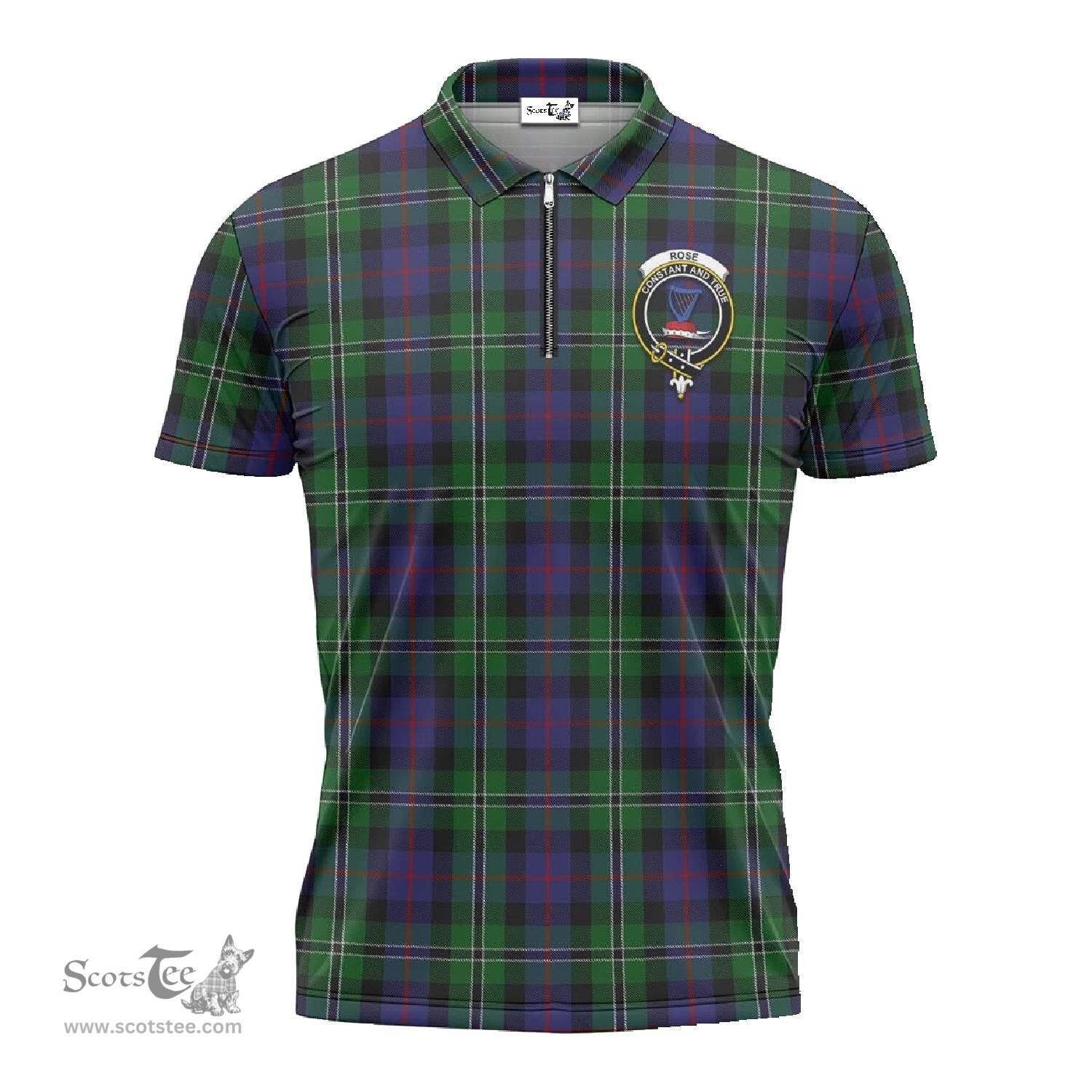 ScotsTee Shop Scottish Rose Hunting Clan Crest Tartan Zipper Polo Shirt