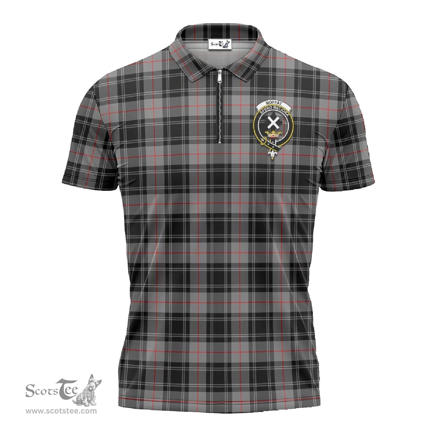 ScotsTee Shop Scottish Moffat Modern Clan Crest Tartan Zipper Polo Shirt