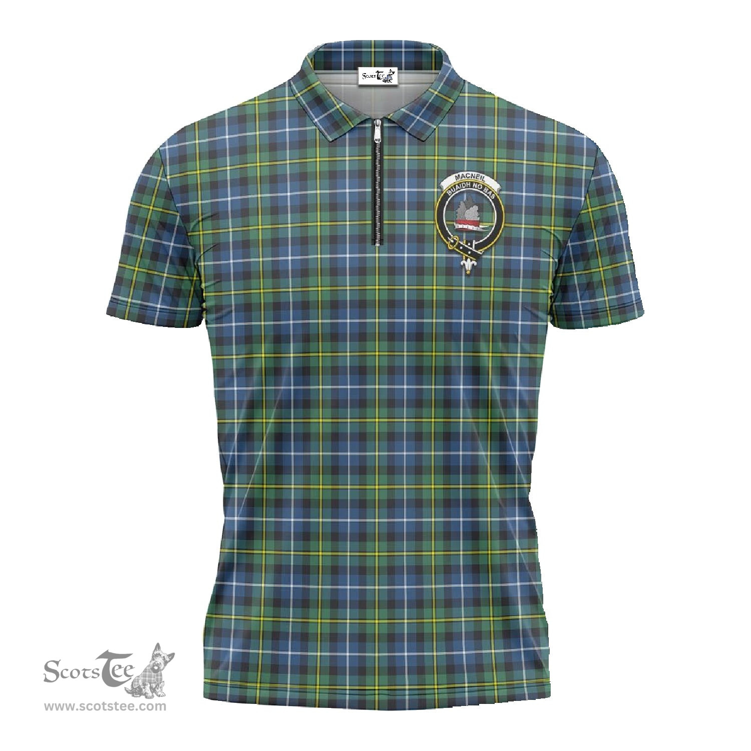 ScotsTee Shop Scottish MacNeil of Barra Ancient Clan Crest Tartan Zipper Polo Shirt