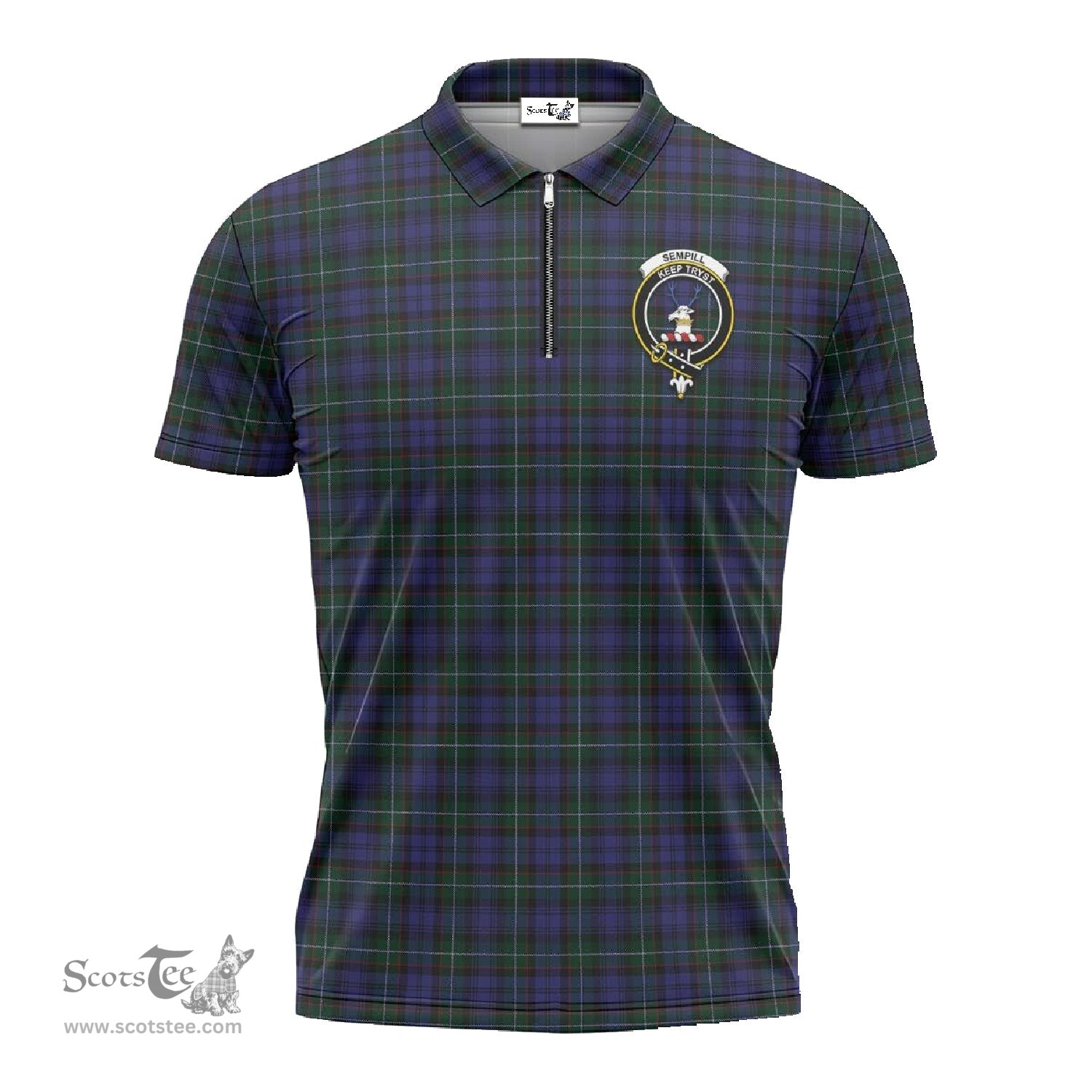 ScotsTee Shop Scottish Sempill Clan Crest Tartan Zipper Polo Shirt